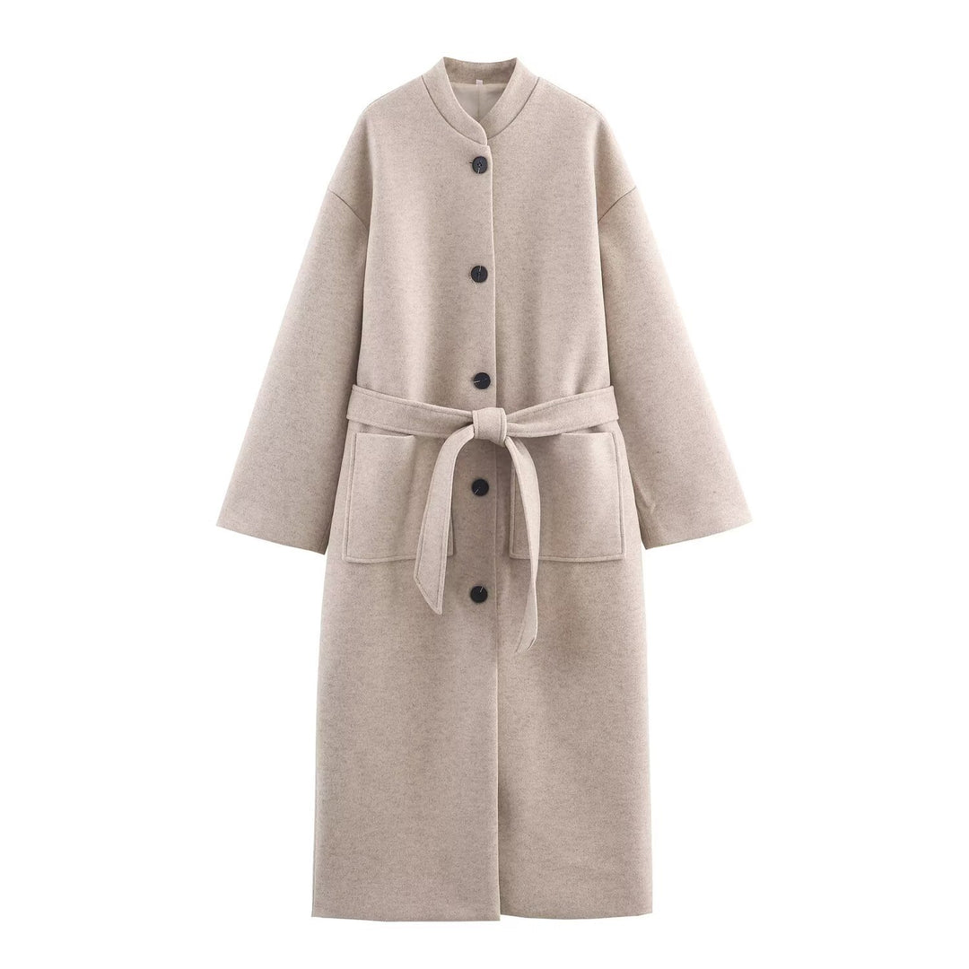 Damen Langer minimalistischer Wollmix-Kimono-Mantel mit Bindegürtel Drune