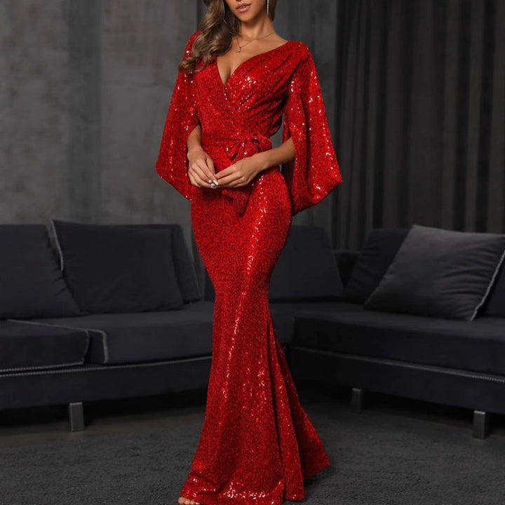 Damen Elegantes Pailletten-Mermaid-Kleid mit tiefem V-Ausschnitt und voluminösen Ärmeln Drune