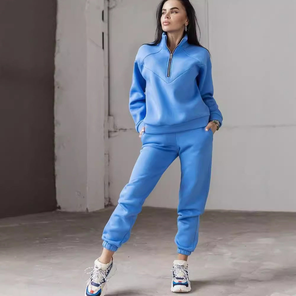 Damen Zweiteiliges Sweat-Loungewear-Set mit Troyer-Reißverschluss und elastischer Jogginghose Drune
