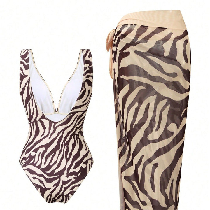 Damen Eleganter Strandmode-Anzug mit tiefem V-Ausschnitt und Gürtel Drune