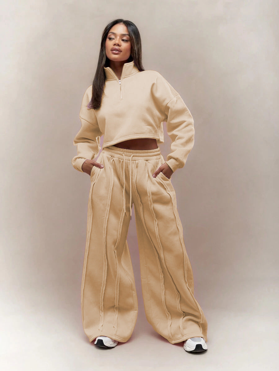 Damen Crop-Halbzip-Sweatshirt und High-Waist Wide-Leg Loungehose Set mit sichtbaren Naht-Details Drune