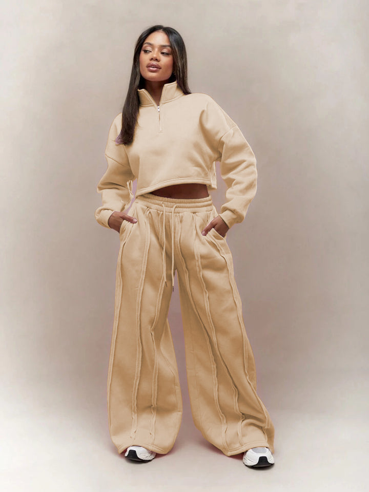 Damen Crop-Halbzip-Sweatshirt und High-Waist Wide-Leg Loungehose Set mit sichtbaren Naht-Details Drune