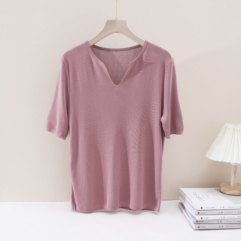 Damen Leichtes Kurzarm-Feinstrickshirt mit V-Notch-Ausschnitt und lockerem Fall Drune