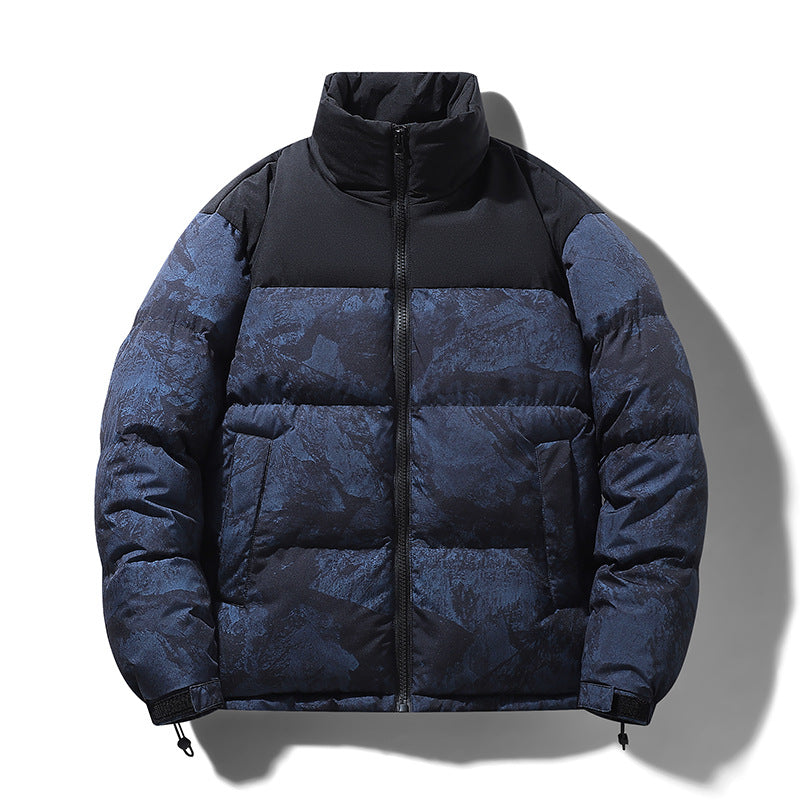 Herren Wattierte Steppjacke mit Camouflage‑Print, hohem Stehkragen & verstellbarem Saum Drune
