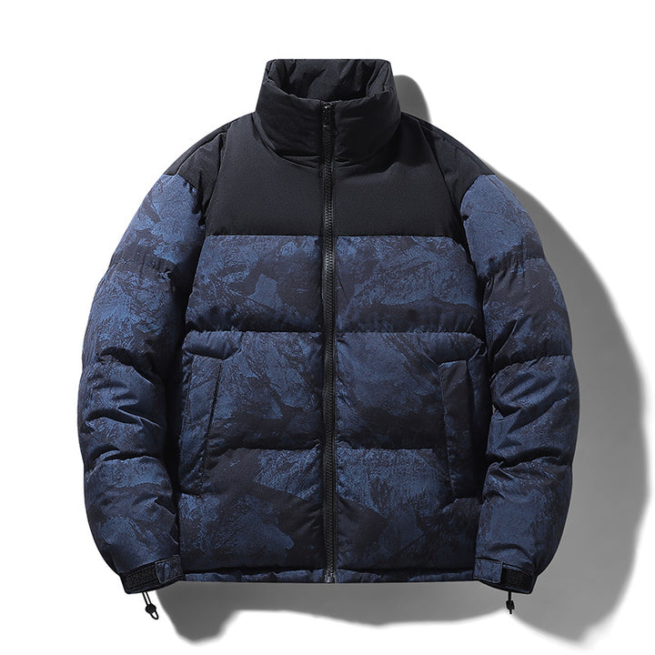 Herren Wattierte Steppjacke mit Camouflage‑Print, hohem Stehkragen & verstellbarem Saum Drune