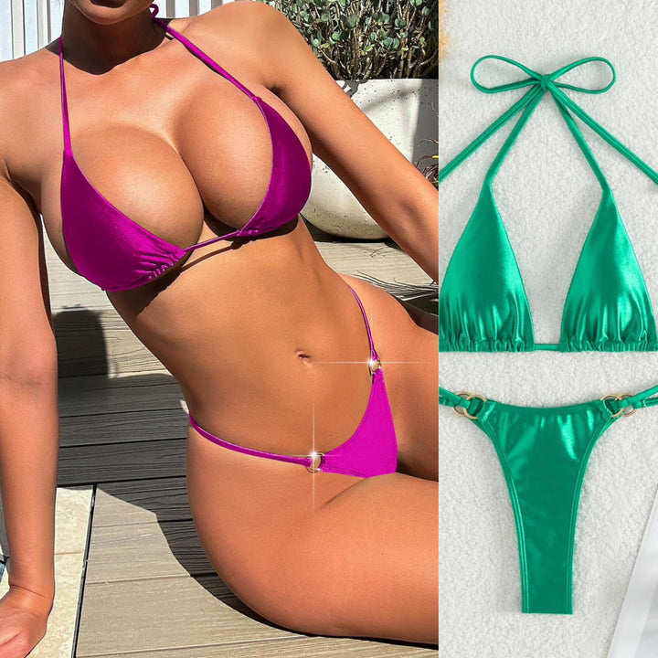Damen Triangel-Bikini mit eleganten Bindebändern und modischen Goldakzenten Drune
