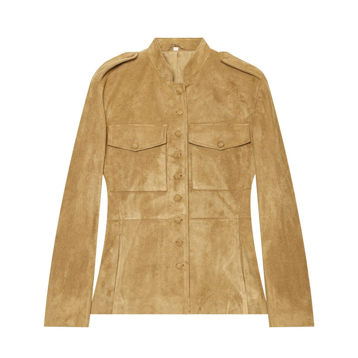 Damen Military-inspirierte Jacke aus Veloursoptik mit Stehkragen und Pattentaschen Drune
