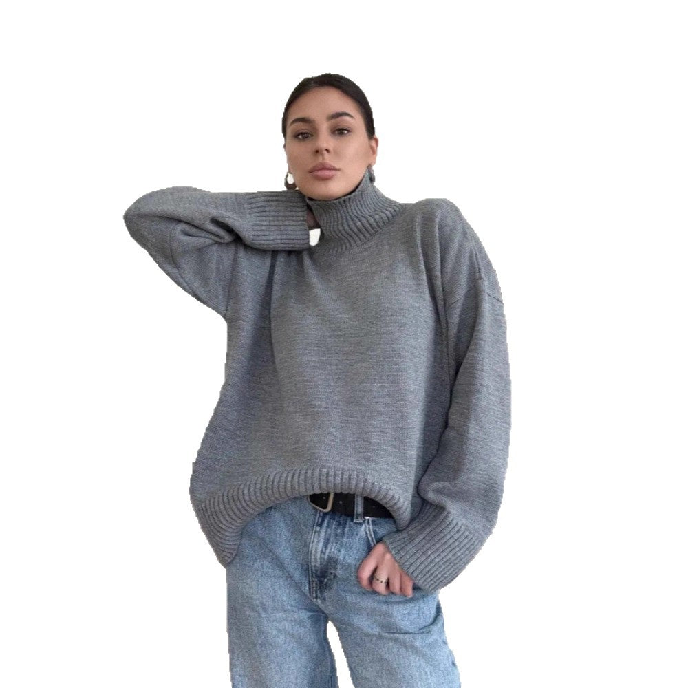 Damen Modischer Oversized Pullover mit hohem Kragen Drune
