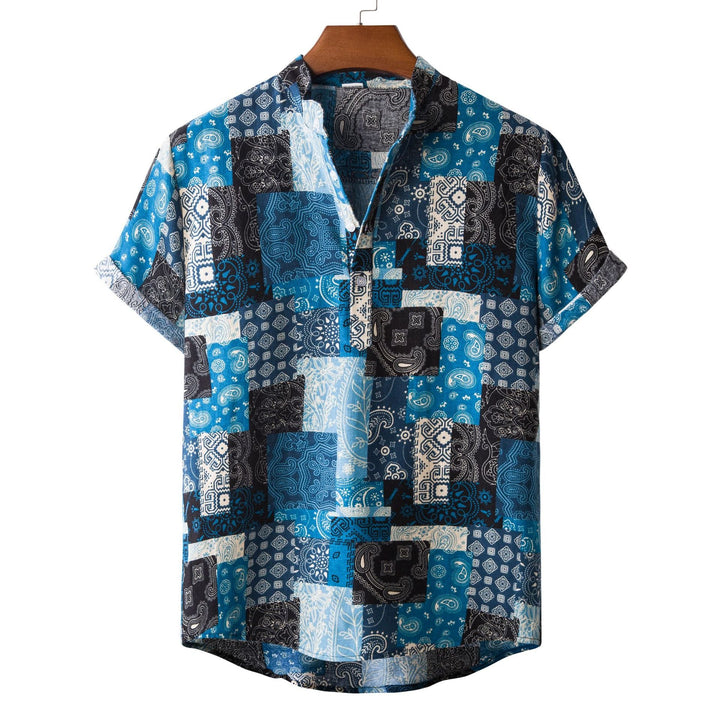 Herren Kurzarmhemd im bunten Patchwork-Design mit Henley-Ausschnitt Drune