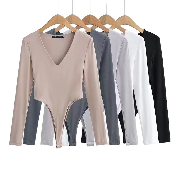 Damen figurbetontes Langarmbodysuit mit tiefem V-Ausschnitt Drune
