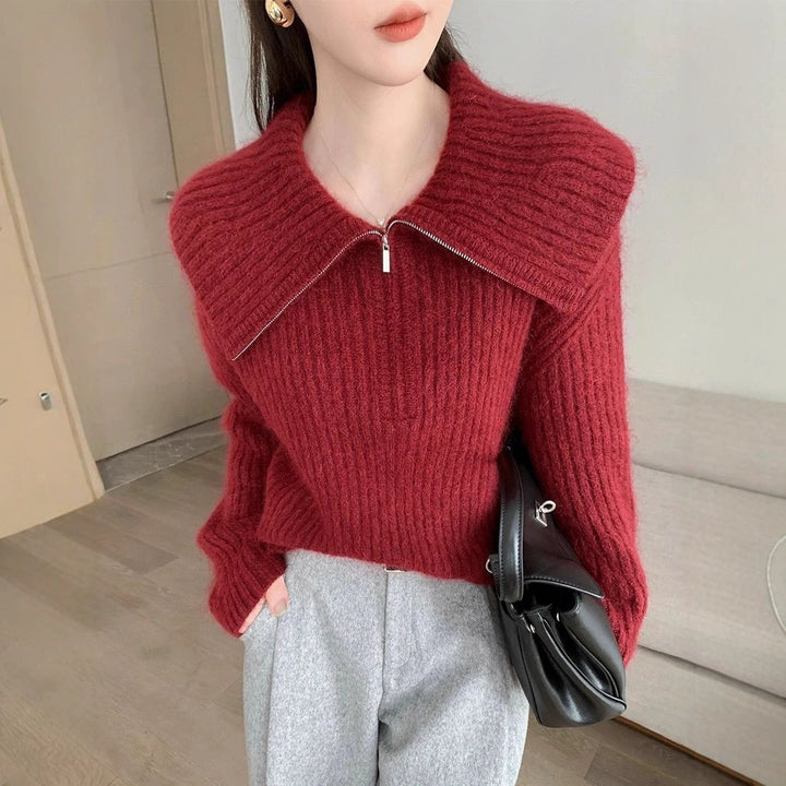 Damen Strickpullover mit großem Kragen und Reißverschluss Drune