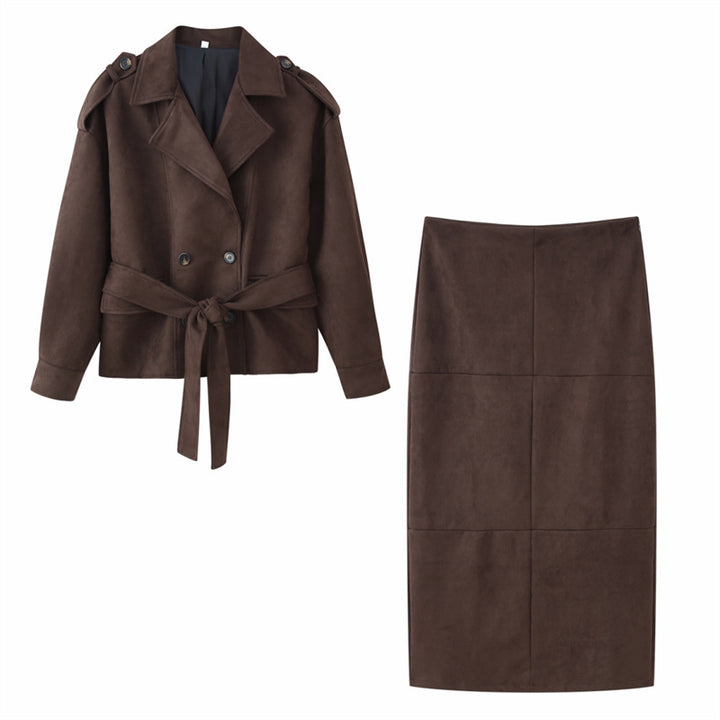 Damen Cropped Trenchjacke im Velourslook mit Bindegürtel und Schulterklappen Drune