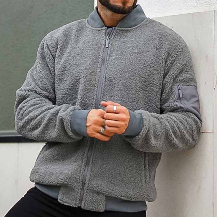 Herren Teddy-Fleece Bomberjacke mit Reißverschluss und Ärmeltasche Drune