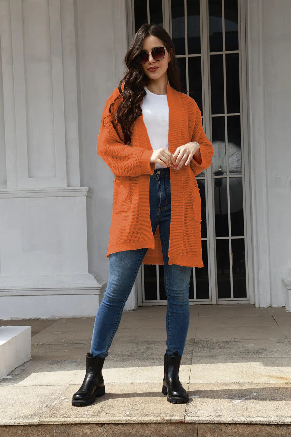 Damen lässiger Strickmantel mit offenen Vorderteilen und tiefen Taschen Drune