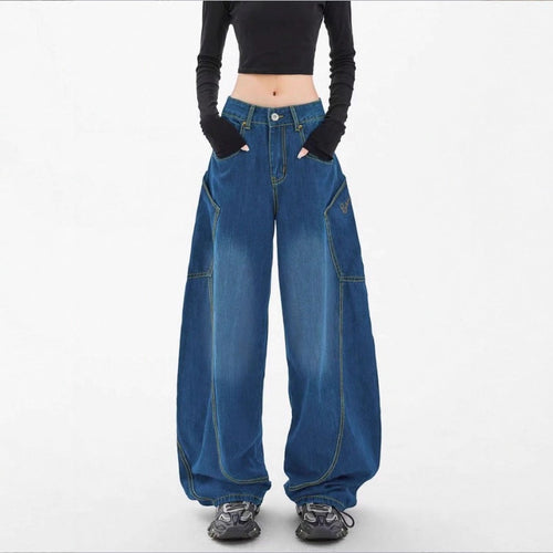 Damen Weite High-Waist Balloon-Jeans mit Utility-Taschen und kontrastierenden Nähten Drune