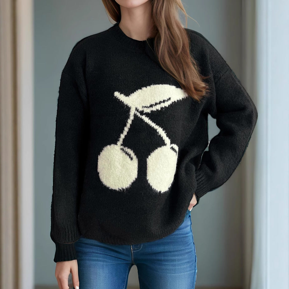Damen Pullover mit verspieltem Kirschmotiv und weichem Strick Drune