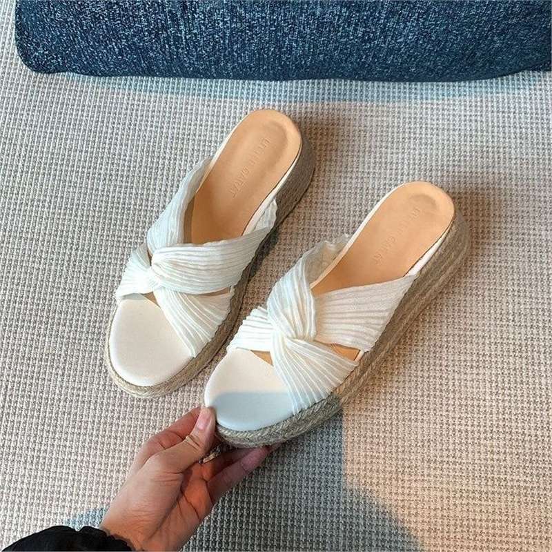 Damen Plateau-Espadrilles mit geknoteten Faltenriemen und geflochtener Jute-Sohle Drune