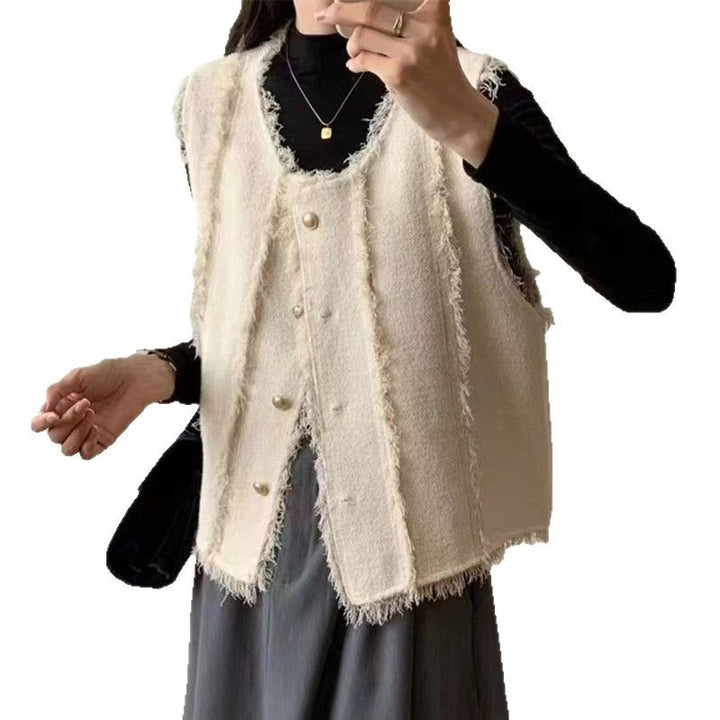 Damen Stufenlose Strickweste mit eleganten Knopfdetails und fransigen Abschlüssen Drune