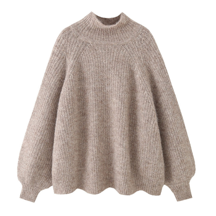Damen Oversize Mohair-Optik Strickpullover mit Stehkragen und Ballonärmeln Drune