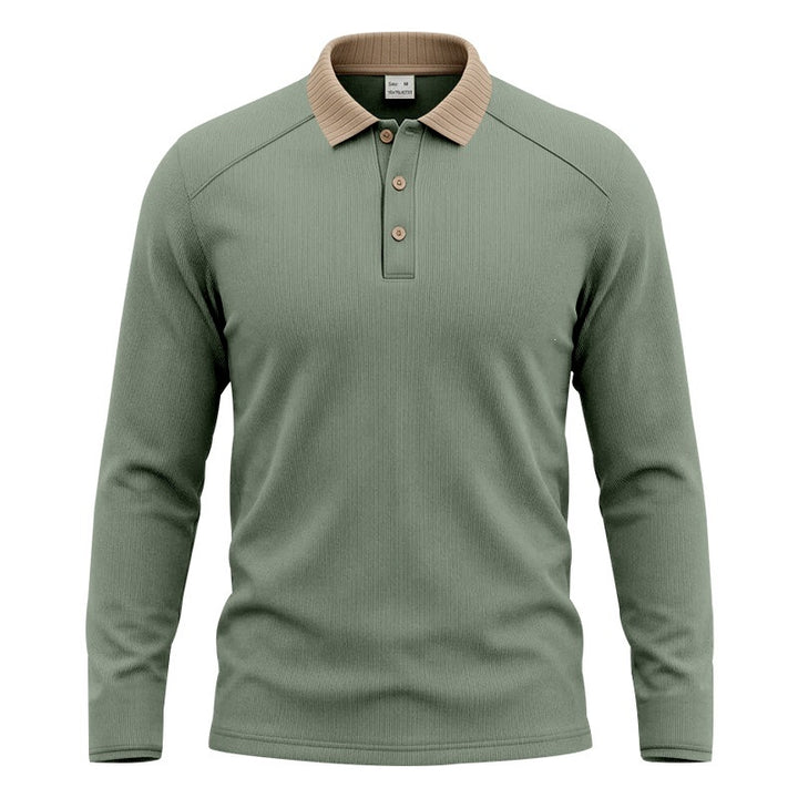 Herren Langarm-Polo aus feinem Rippstrick mit Kontrastkragen und Knopfleiste Drune