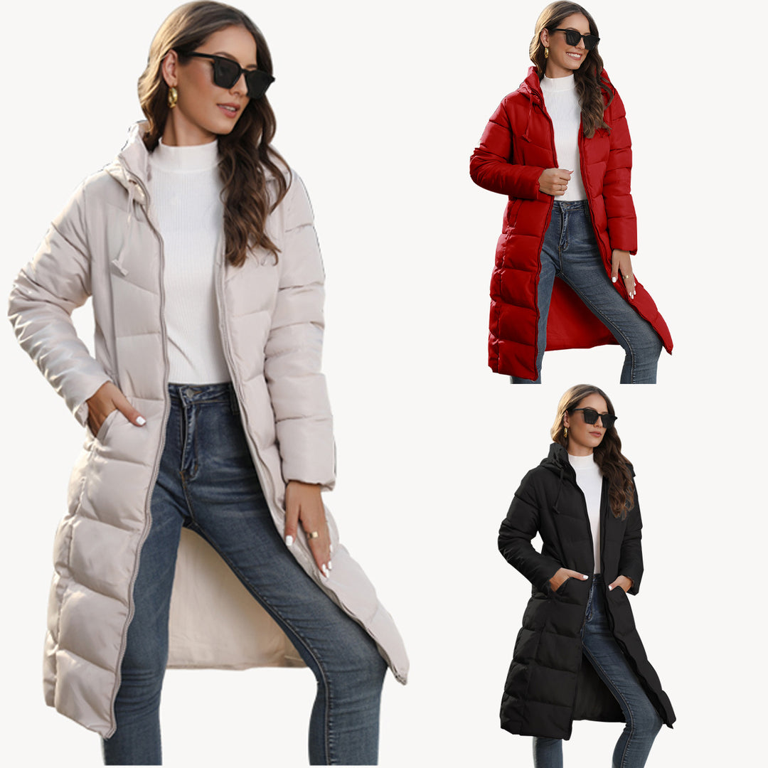 Damen Langer Steppmantel mit Kapuze und Thermofutter Drune