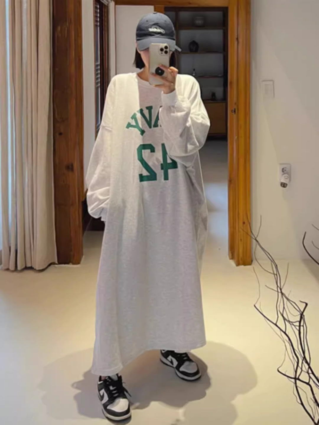 Damen Langes Oversize Hoodie‑Sweatkleid im College‑Look mit Raglanärmeln Drune