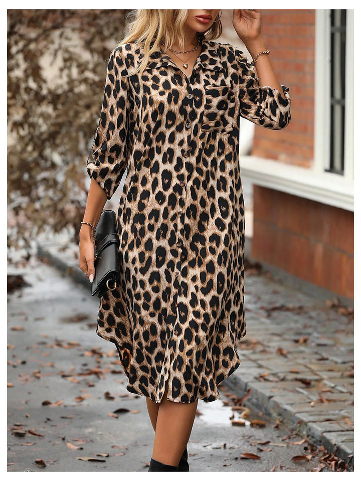Damen Stylisches Leopardenmuster Langes Knopf-up Kleid Drune