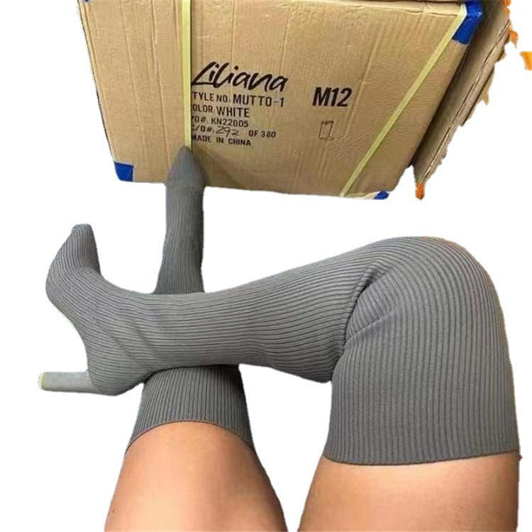 Damen Overknee-Stretch-Stiefel mit Rippstrickschaft und spitzer Schuhspitze Drune