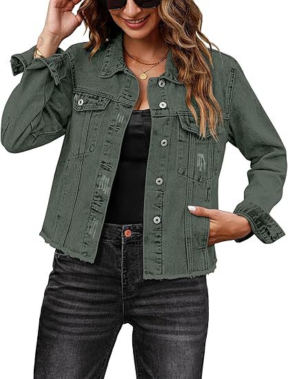 Damen Kurz geschnittene Denim-Jacke mit fransigem Saum und Brusttaschen Drune
