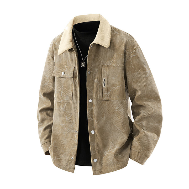 Men's  marbled corduroy sherpa-collar overshirt jacket with flap chest pockets Drune