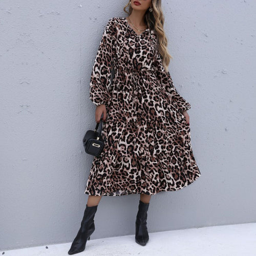 Damen Midikleid Vintage-inspirierter Leoprint mit V-Ausschnitt, elastischer Taillenpasse und Glockenärmeln Drune