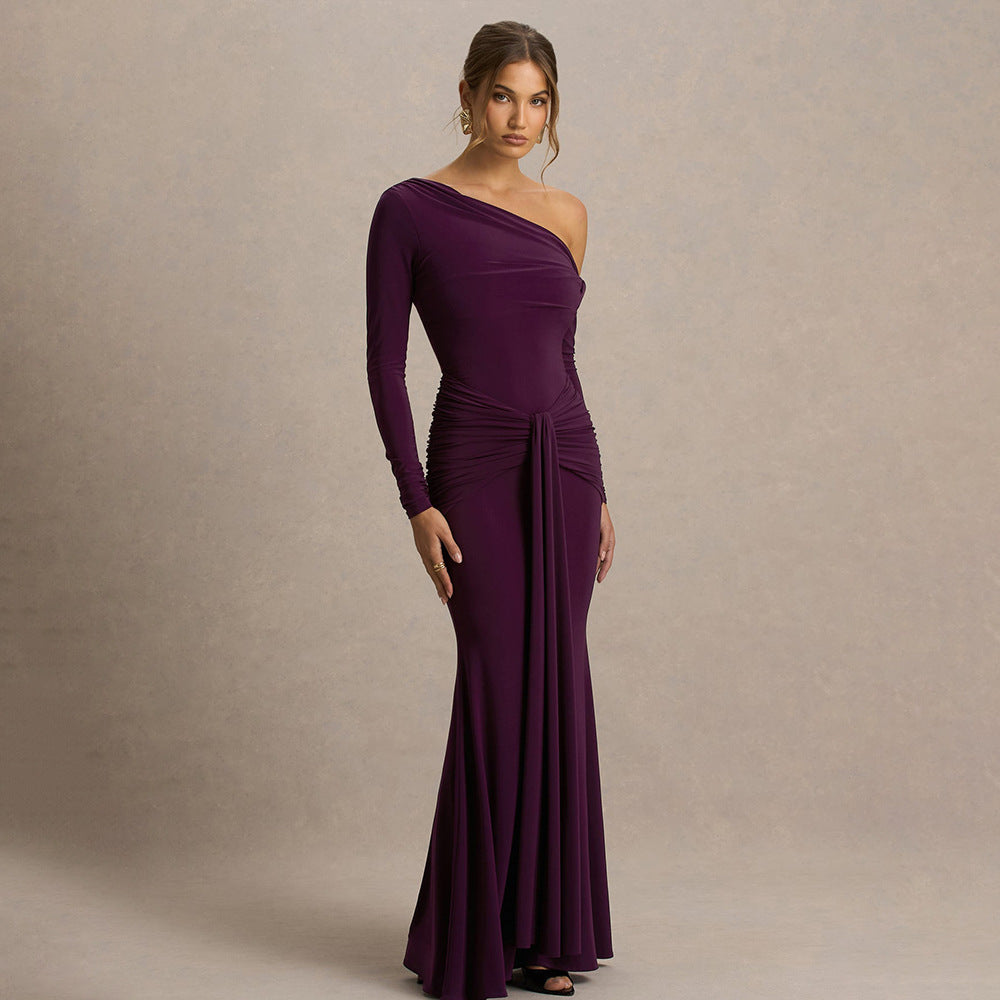 Damen figurbetontes Maxikleid mit asymmetrischem Design und Faltenwurf Drune