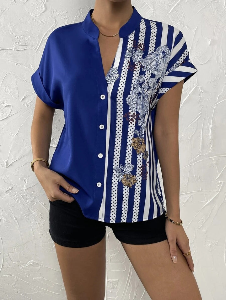Damen Kurzarmbluse mit Stehkragen und asymmetrischem Streifen‑Blumenprint Drune