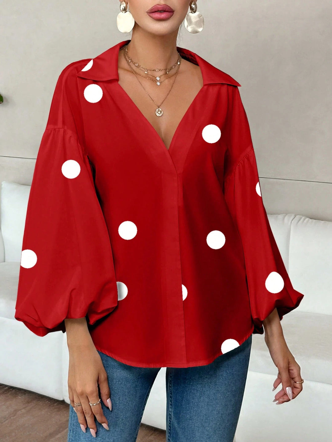 Damen Oversize-Bluse mit voluminösen Puffärmeln und Punktmuster Drune