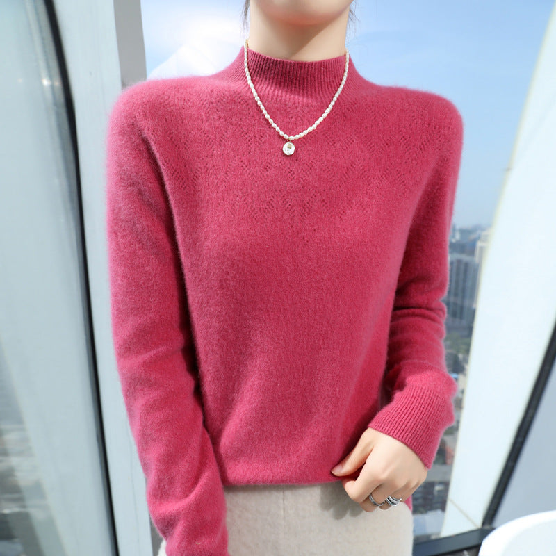 Damen Schlanker minimalistischer Stehkragen-Feinstrickpullover mit geripptem Hals Drune