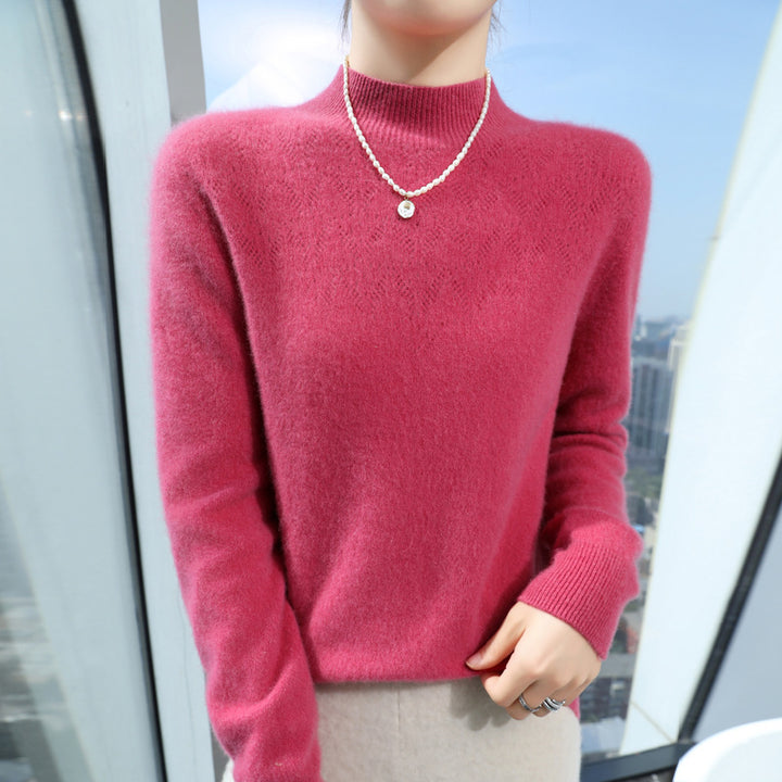 Damen Schlanker minimalistischer Stehkragen-Feinstrickpullover mit geripptem Hals Drune
