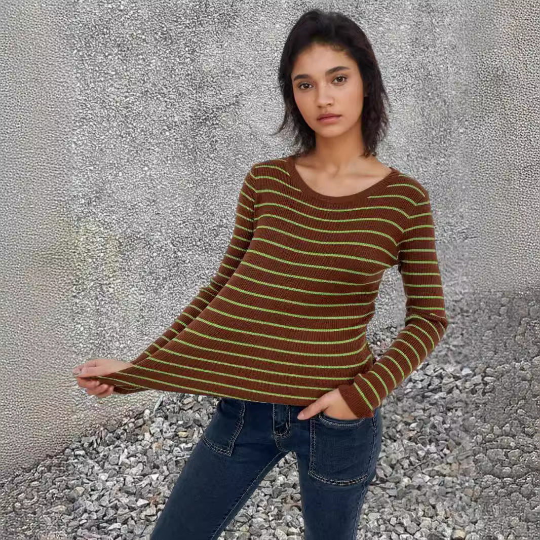 Damen Rippstrickpullover mit Streifenmuster und langen Ärmeln Drune