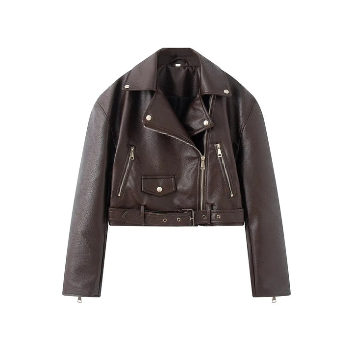 Damen nan cropped Bikerjacke aus veganem Lederimitat mit asymmetrischem Reißverschluss und Taillengürtel Drune