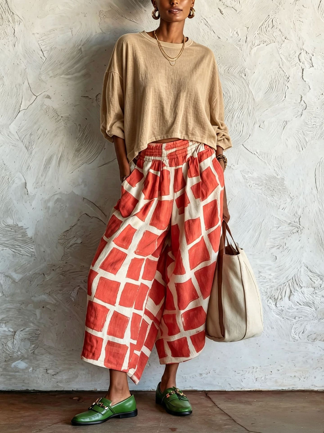 Damen Weite Culotte-Hose aus Leinenmix mit elastischem Bund und grafischem Print Drune