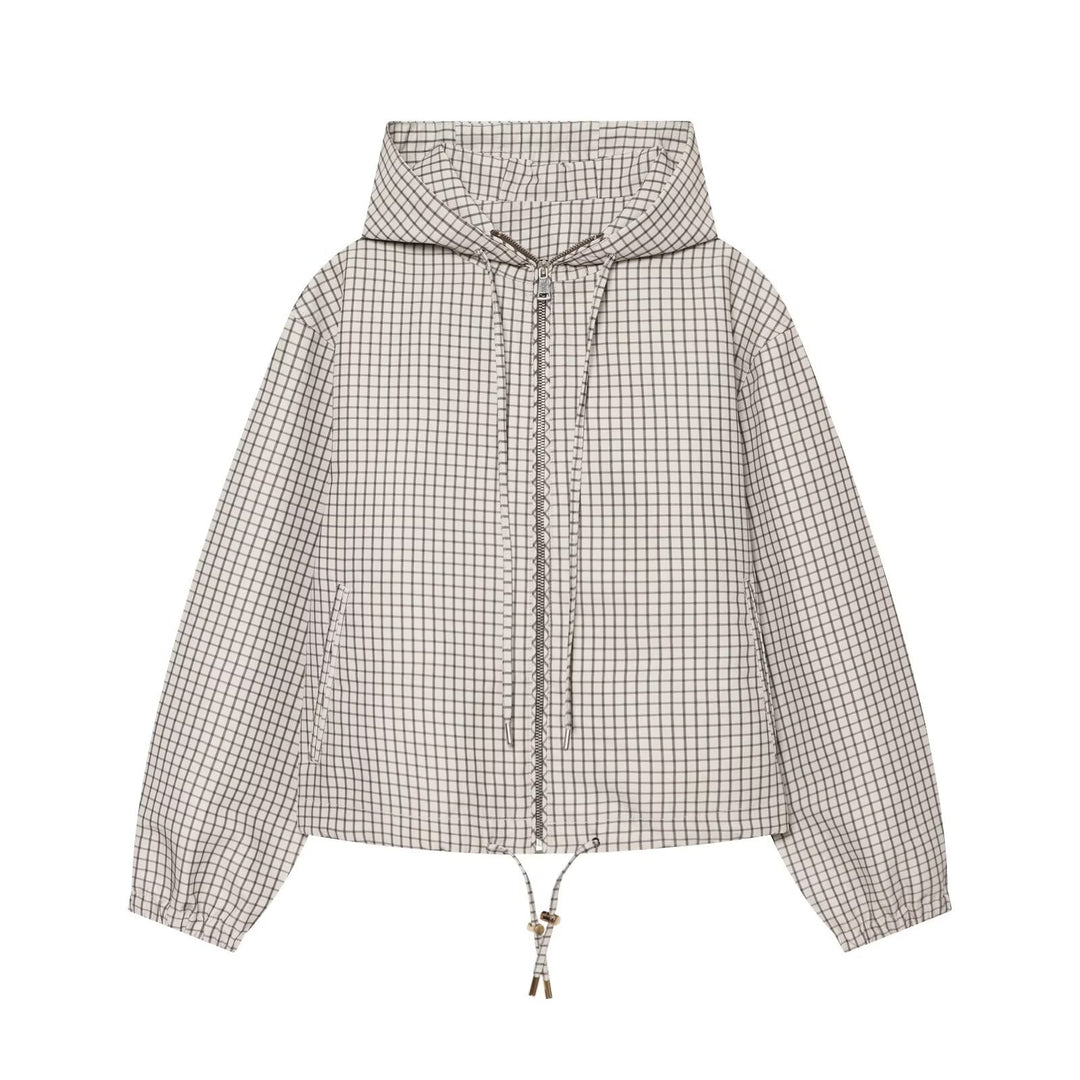 Damen Karierter Cropped‑Windbreaker mit Kapuze, Tunnelzug und Reißverschluss Drune