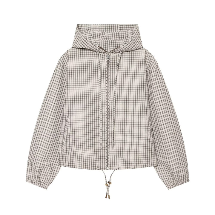 Damen Karierter Cropped‑Windbreaker mit Kapuze, Tunnelzug und Reißverschluss Drune