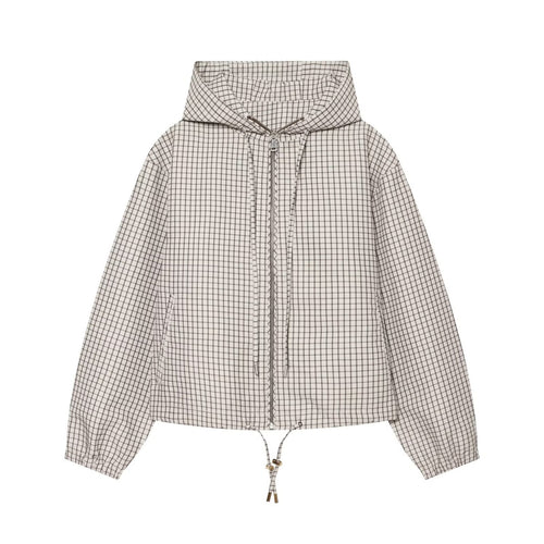 Damen Karierter Cropped‑Windbreaker mit Kapuze, Tunnelzug und Reißverschluss Drune
