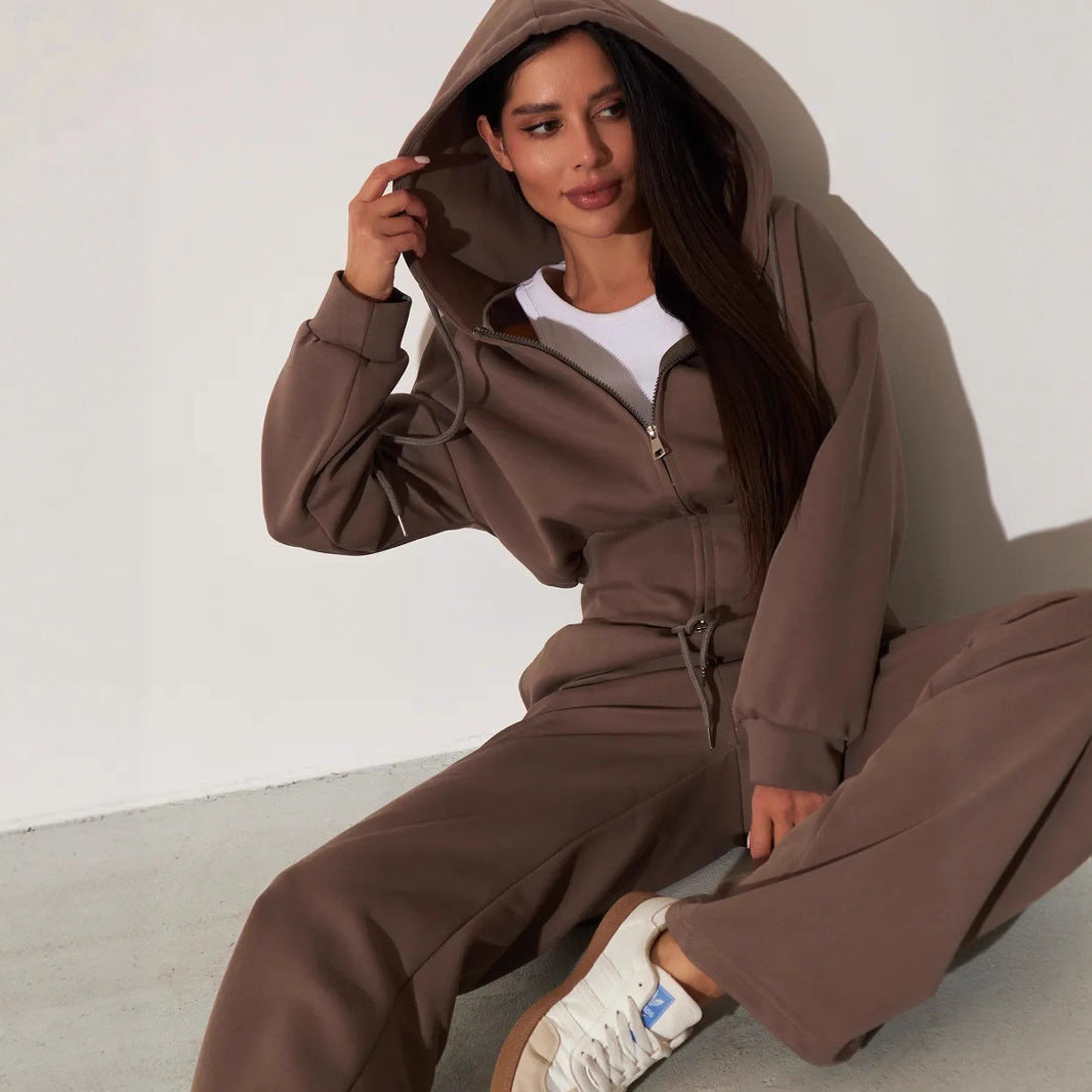 Damen kurzes Kapuzen-Zipshirt mit tailliertem Tunnelzug und weit geschnittene High-Waist-Loungehose Drune