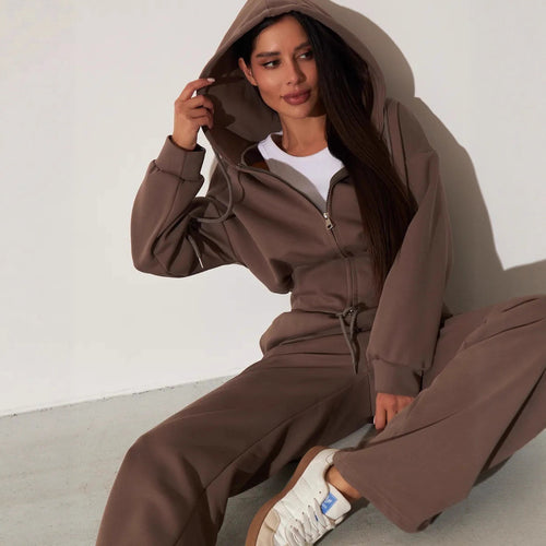 Damen kurzes Kapuzen-Zipshirt mit tailliertem Tunnelzug und weit geschnittene High-Waist-Loungehose Drune