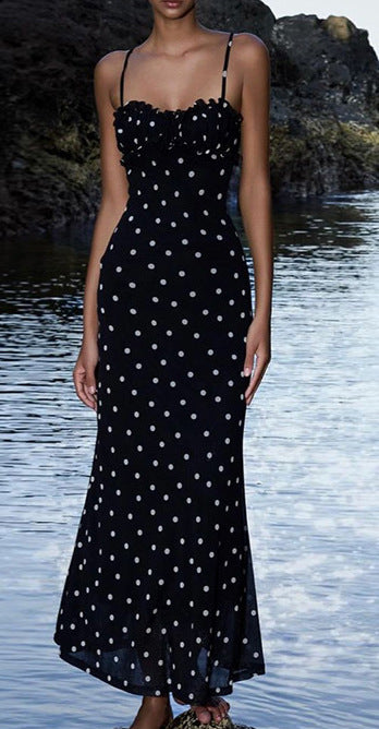 Damen Maxikleid mit Rüschen und Punkten Drune