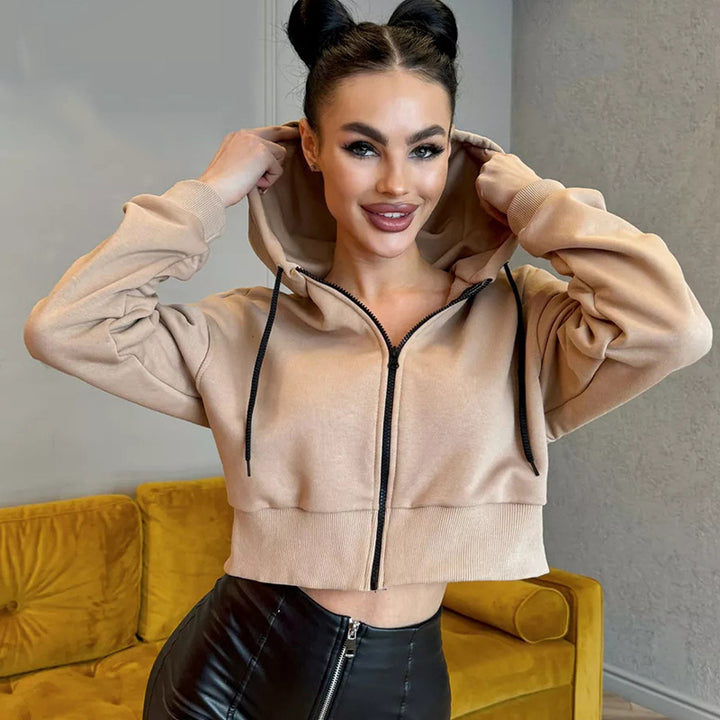 Damen Cropped Kapuzenjacke mit kurzem Reißverschluss und breitem Rippbund Drune