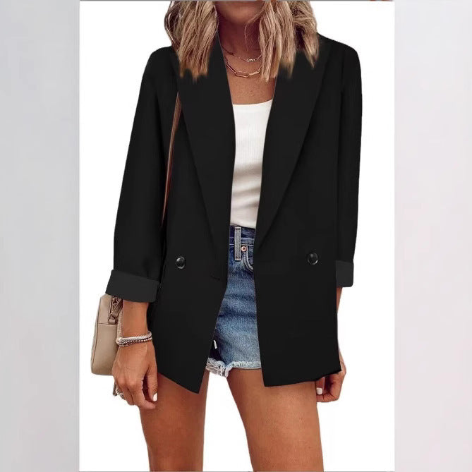 Damen Oversize Longline-Blazer mit 3/4-Ärmeln, Kontrastumschlag und aufgesetzten Taschen Drune