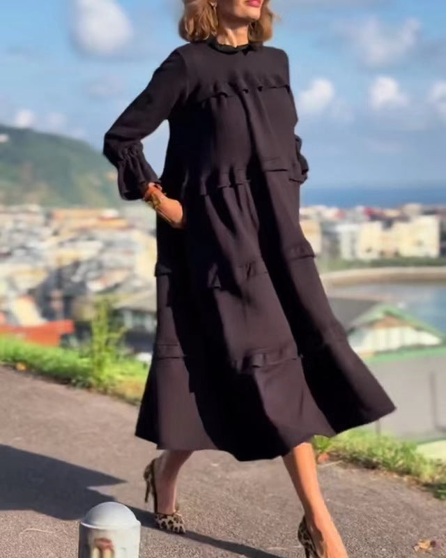 Damen nan kastiges Stufenmidikleid mit Rüschenkragen, gerafften Manschetten und verdeckten Seitentaschen Drune