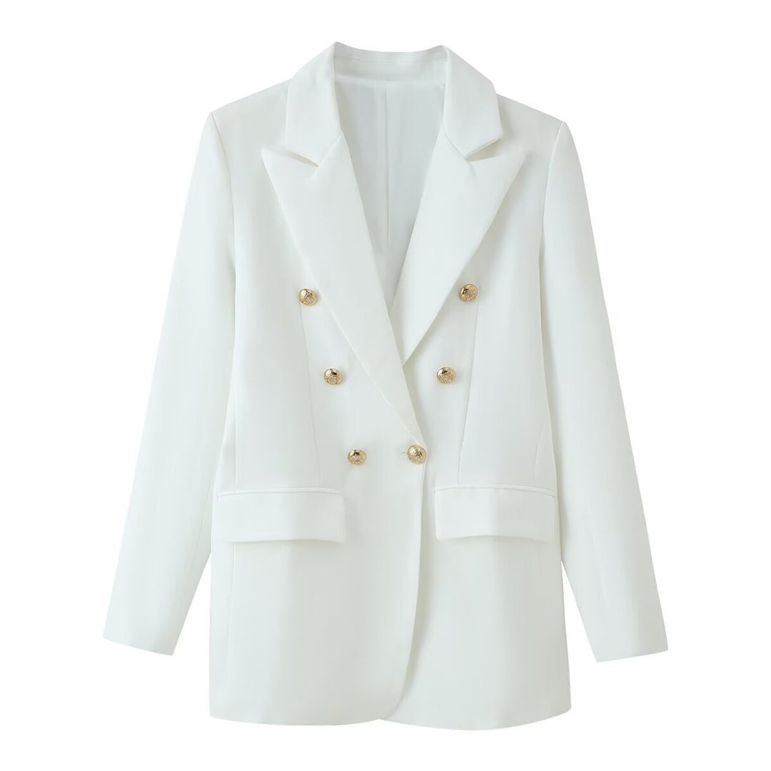 Damen Longline-Doppelreiher Blazer mit markanten Revers und goldenen Zierknöpfen Drune