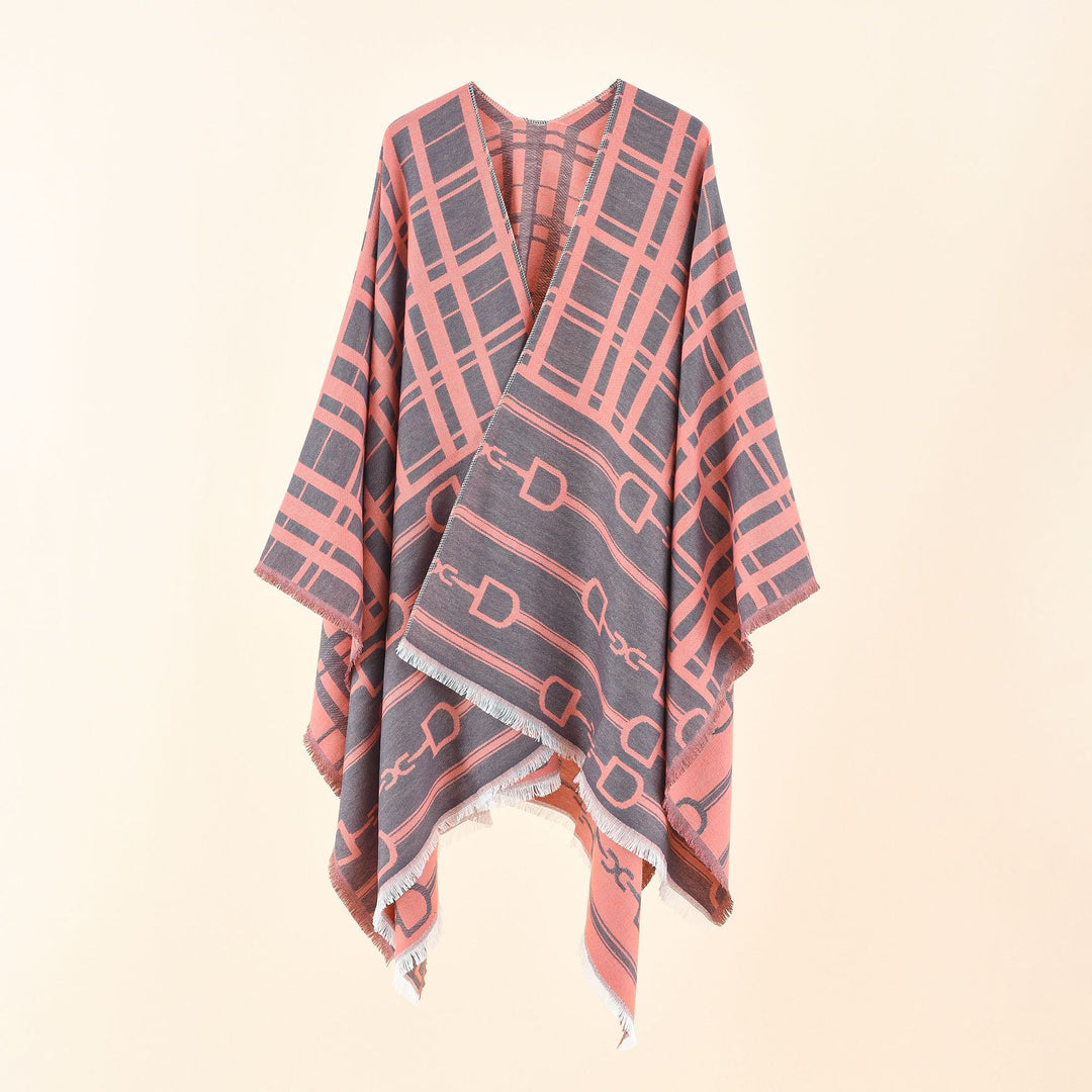 Damen Jacquard-Umhang mit Steigbügel‑Motiv und Fransensaum Drune